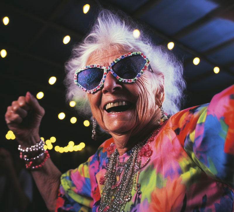 Elderly woman at rave party